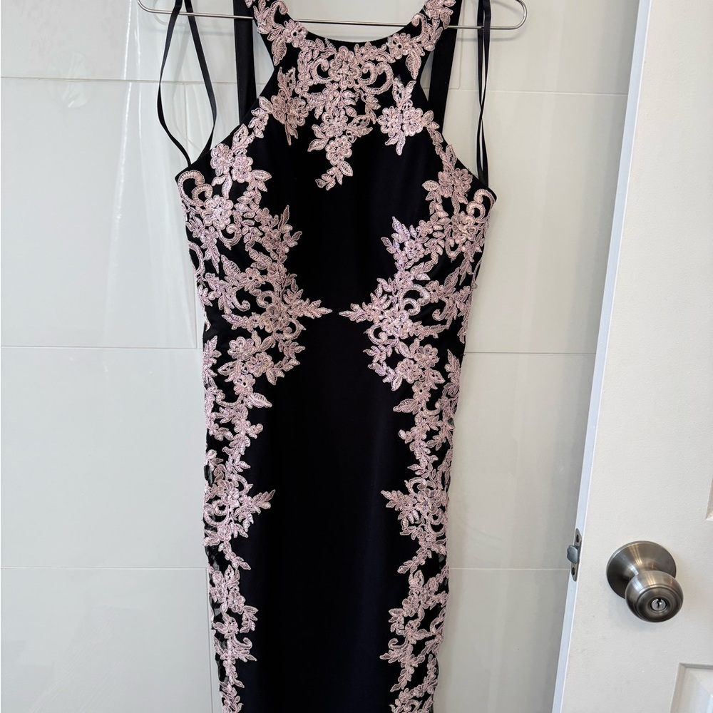 Xscape Black Dress with Pink Lace Accents